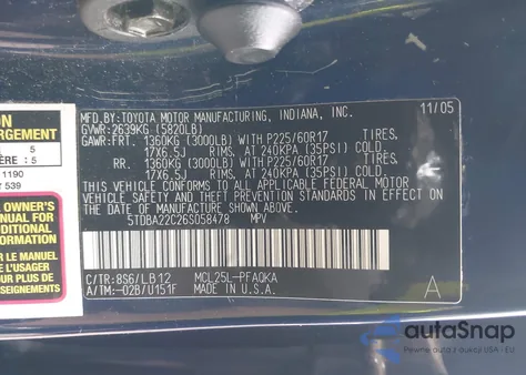 2006 Toyota Sienna Xle Limited z USA, uszkodzony, nr VIN 5TDBA22C26S058478